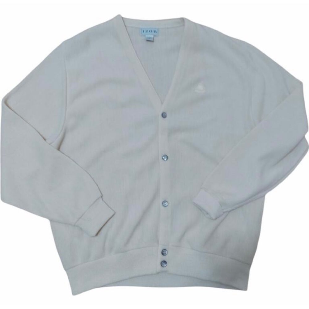 Vintage 90s IZOD Embroidered Crest V-Neck Cardigan Cream USA Acrylic Mens XL
